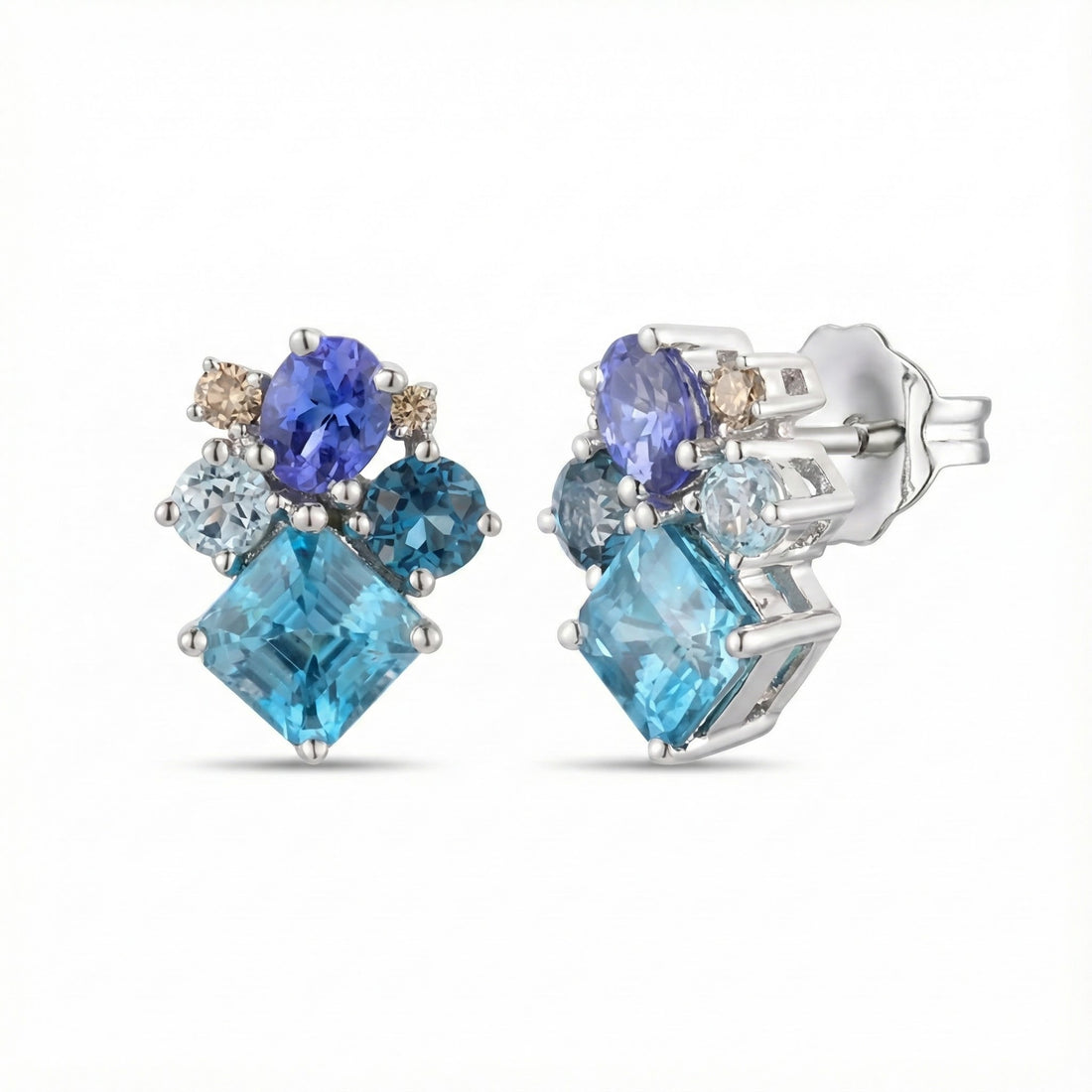 Multi-Gemstone Cluster Stud Earrings | 14K White Gold | 2.07 ctw | Blue Zircon, Tanzanite & Topaz - Brownee Jewelers