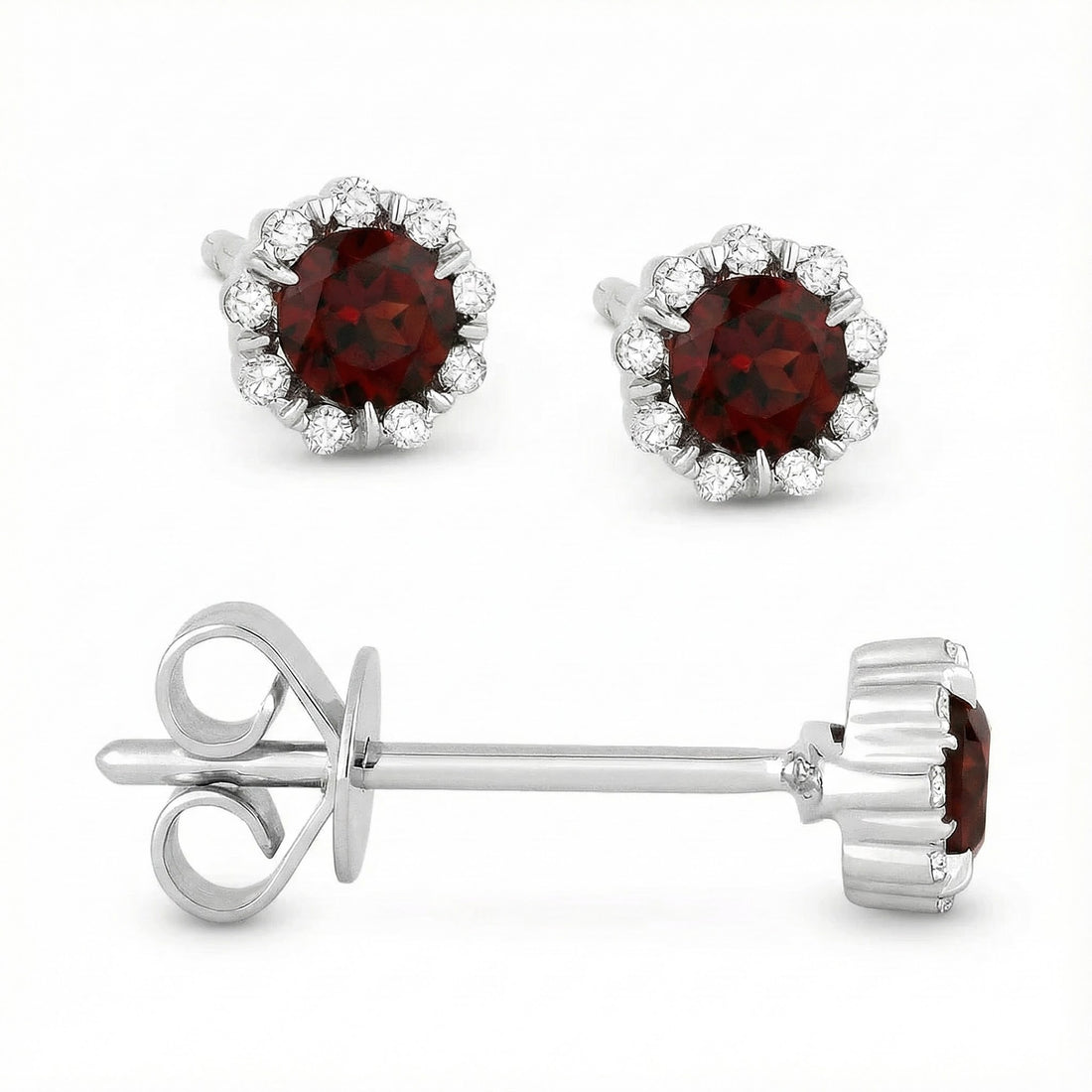 Madison L | Garnet & Diamond Halo Stud Earrings | 14K White Gold | Round Garnet | Diamond Accents - Brownee Jewelers