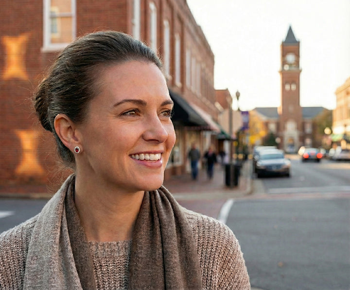Garnet & Diamond Halo Stud Earrings, 0.13 ctw | 10K White Gold | - Brownee Jewelers