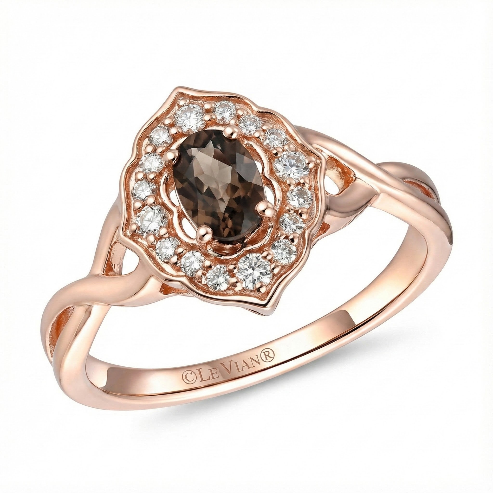 Le Vian® 14K Strawberry Gold® Ring with Chocolate Quartz® & Nude Diamonds™ Warm, elegant, and beautifully detailed, this Le Vian® ring showcases a rich 3/8 ct. Chocolate Quartz® framed by a sparkling halo of 1/5 cts. Nude Diamonds™