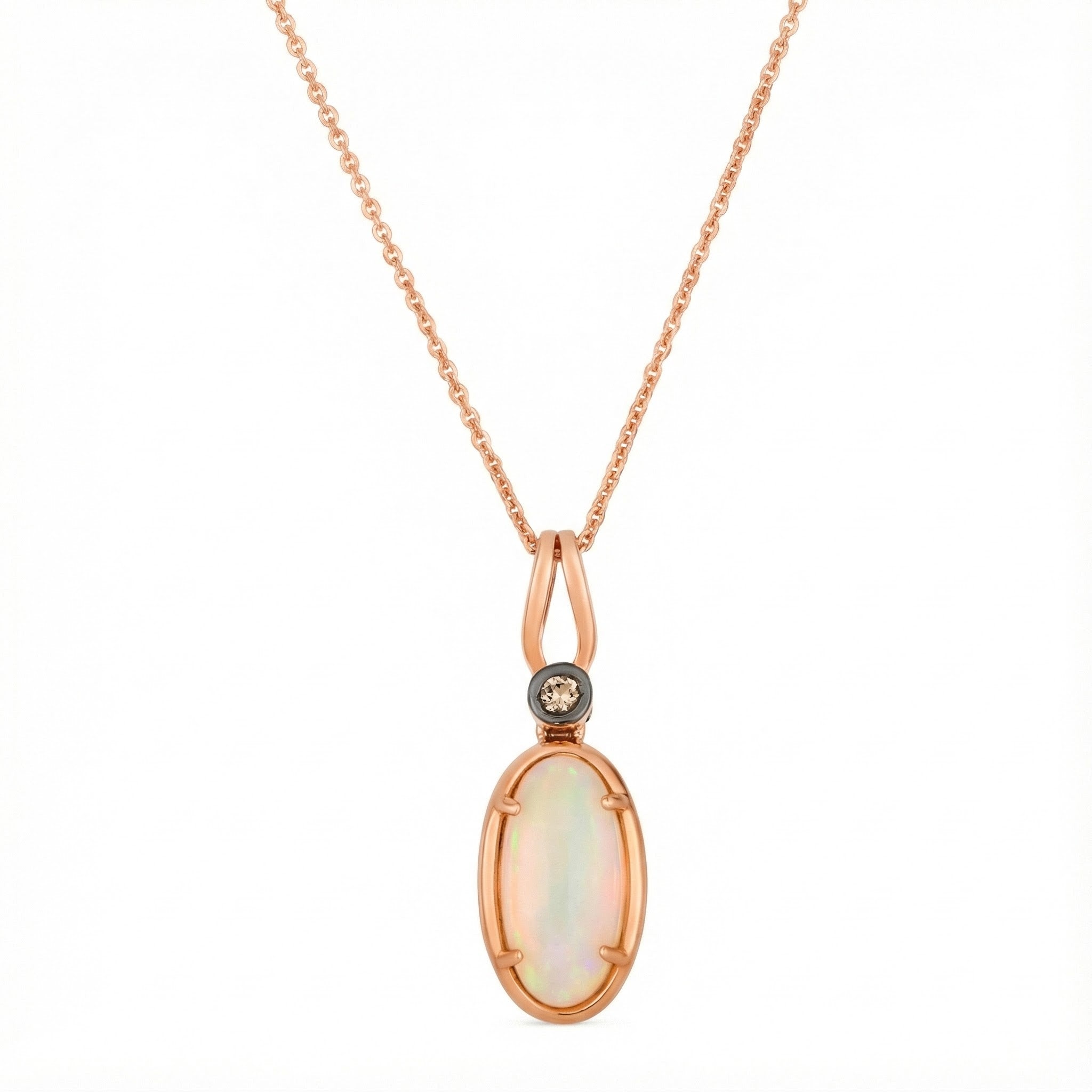 Opal Oval Pendant Necklace | 14K Rose Gold | 1.20 ct Opal | Chocolate Diamond Accent - Brownee Jewelers