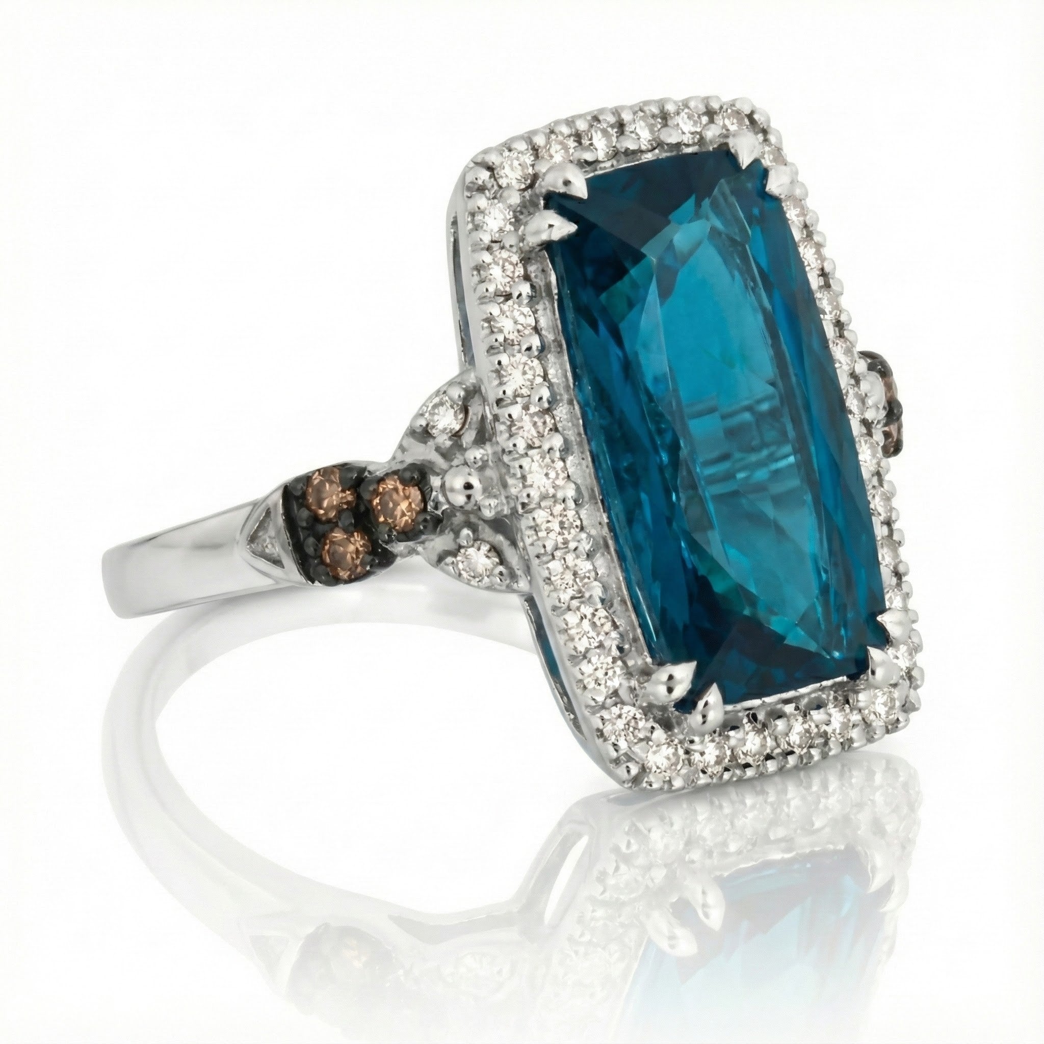 Deep Blue Topaz & Diamond Halo Ring | 14K White Gold | 4.35 ctw | Chocolate Diamond Accents - Brownee Jewelers