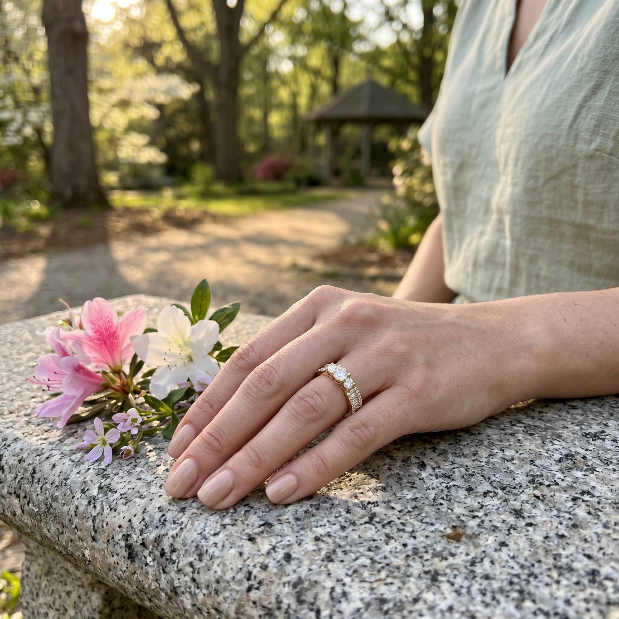 Round Diamond Engagement Ring | 14K Yellow Gold | Three-Stone Diamond Ring | Baguette & Pavé Diamond Accents - Brownee Jewelers