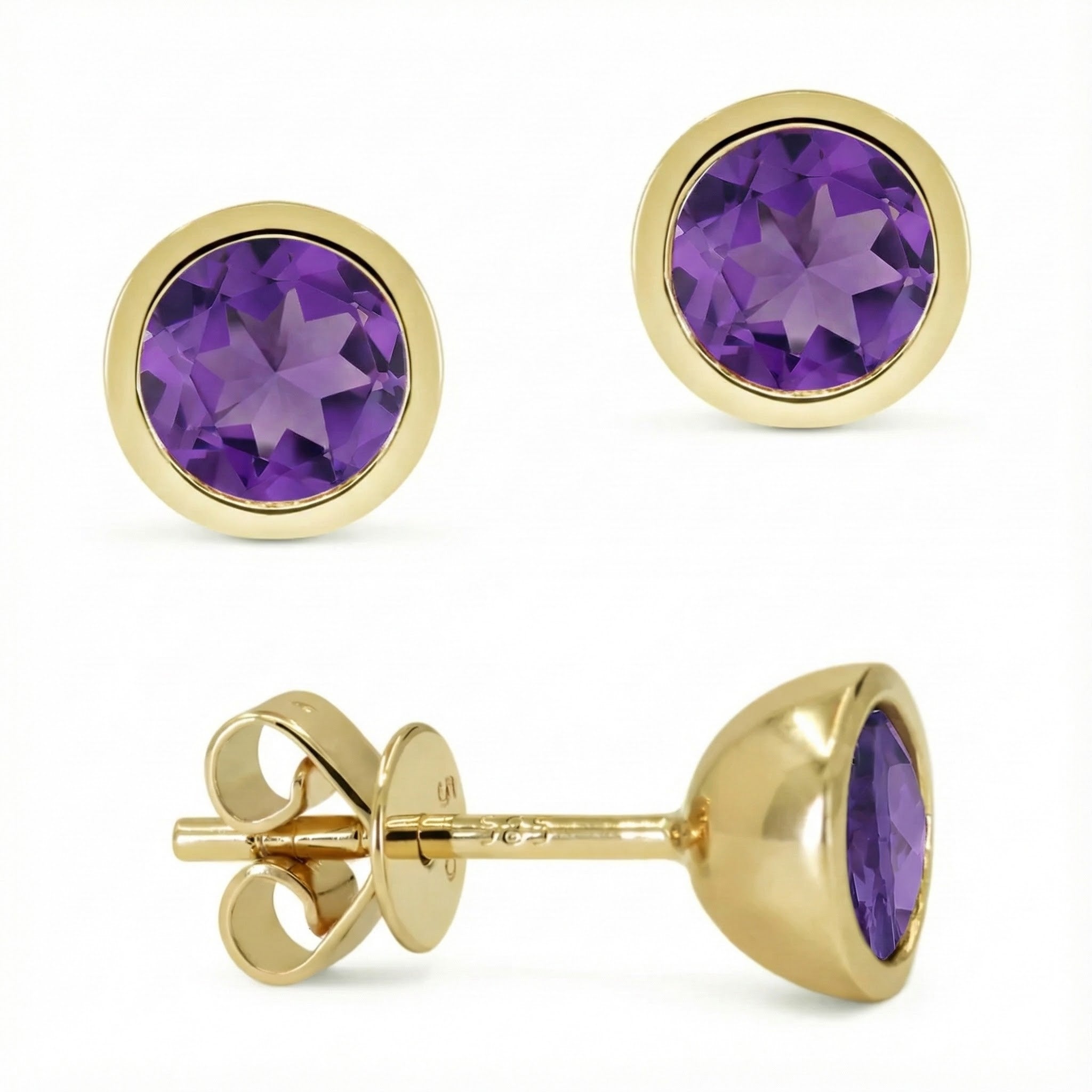 Madison L | Amethyst Stud Earrings | 14K Yellow Gold | Bezel-Set Round Gemstone Studs - Brownee Jewelers