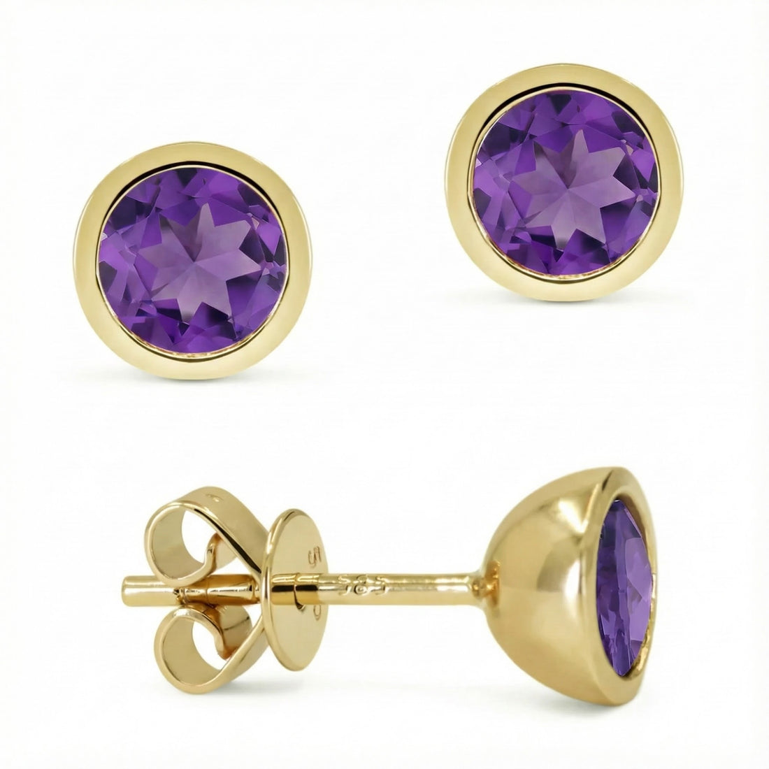 Madison L | Amethyst Stud Earrings | 14K Yellow Gold | Bezel-Set Round Gemstone Studs - Brownee Jewelers