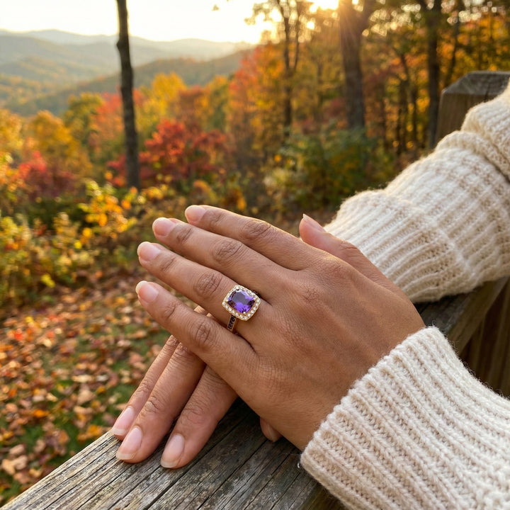 Le Vian® 14K Honey Gold™ Grape Amethyst™, Chocolate Diamond®, & Vanilla Diamond® Ring This vibrant Le Vian® Chocolatier® ring features a bold 2 3/8 ct. Grape Amethyst™ in a striking cushion cut, radiating rich purple brilliance