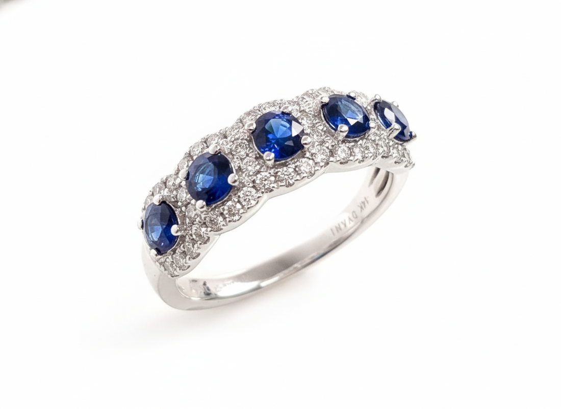 14K White Gold 1.01ct Sapphire & .42ct Diamond Five-Stone Ring