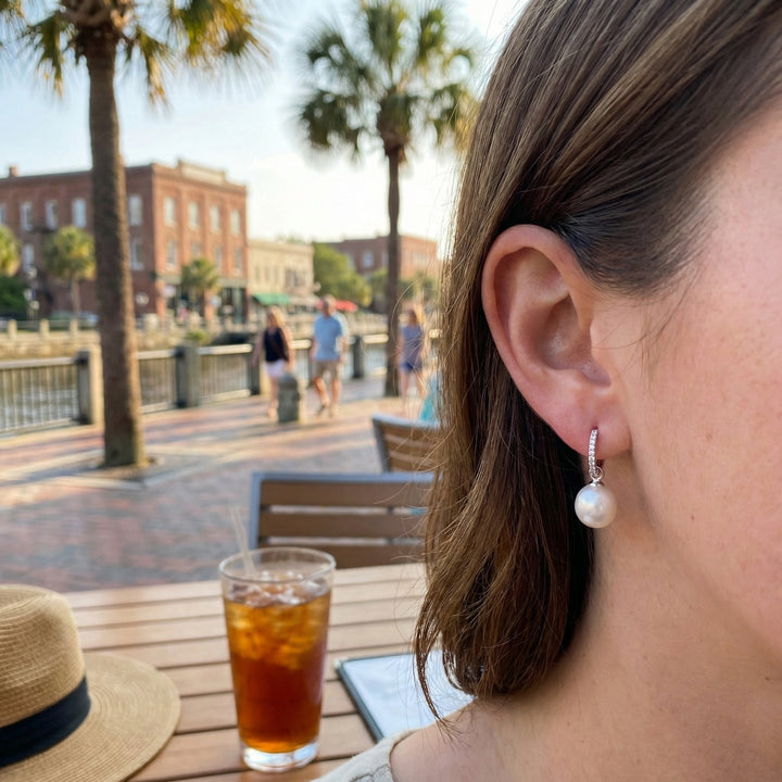 Diamond & Cultured Pearl Drop Earrings | 14K White Gold | 0.06 ctw | Pearl Dangle Earrings - Brownee Jewelers