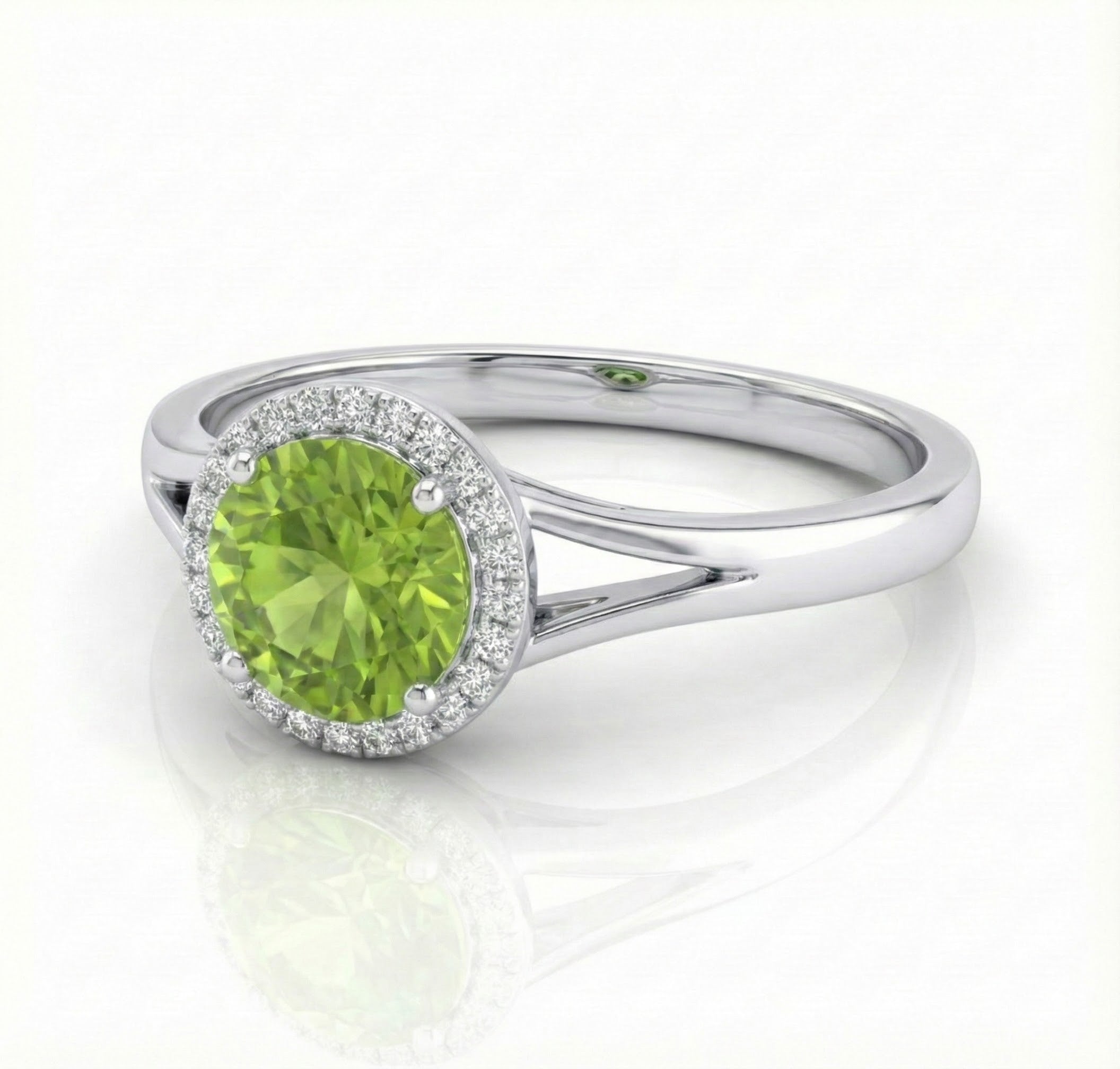 Madison L | Round Peridot Diamond Halo Ring | 14K White Gold | Green Peridot & Diamond Ring - Brownee Jewelers