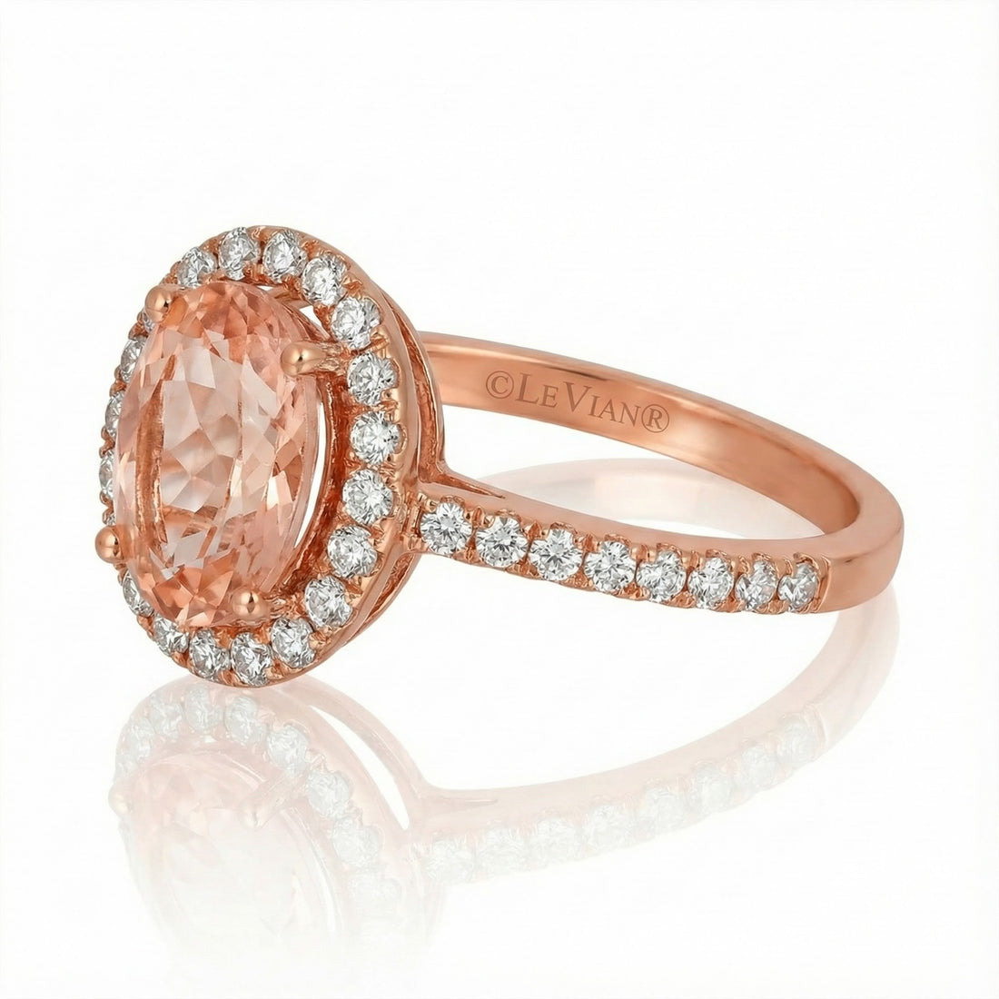 Le Vian® 14K Strawberry Gold® Peach Morganite & Vanilla Diamond Halo Ring This romantic Le Vian® bridal design features a soft, luminous 7/8 ct. Peach Morganite® in an elegant oval cut, wrapped in a sparkling halo of 1/3 ct. Vanilla Diamonds®