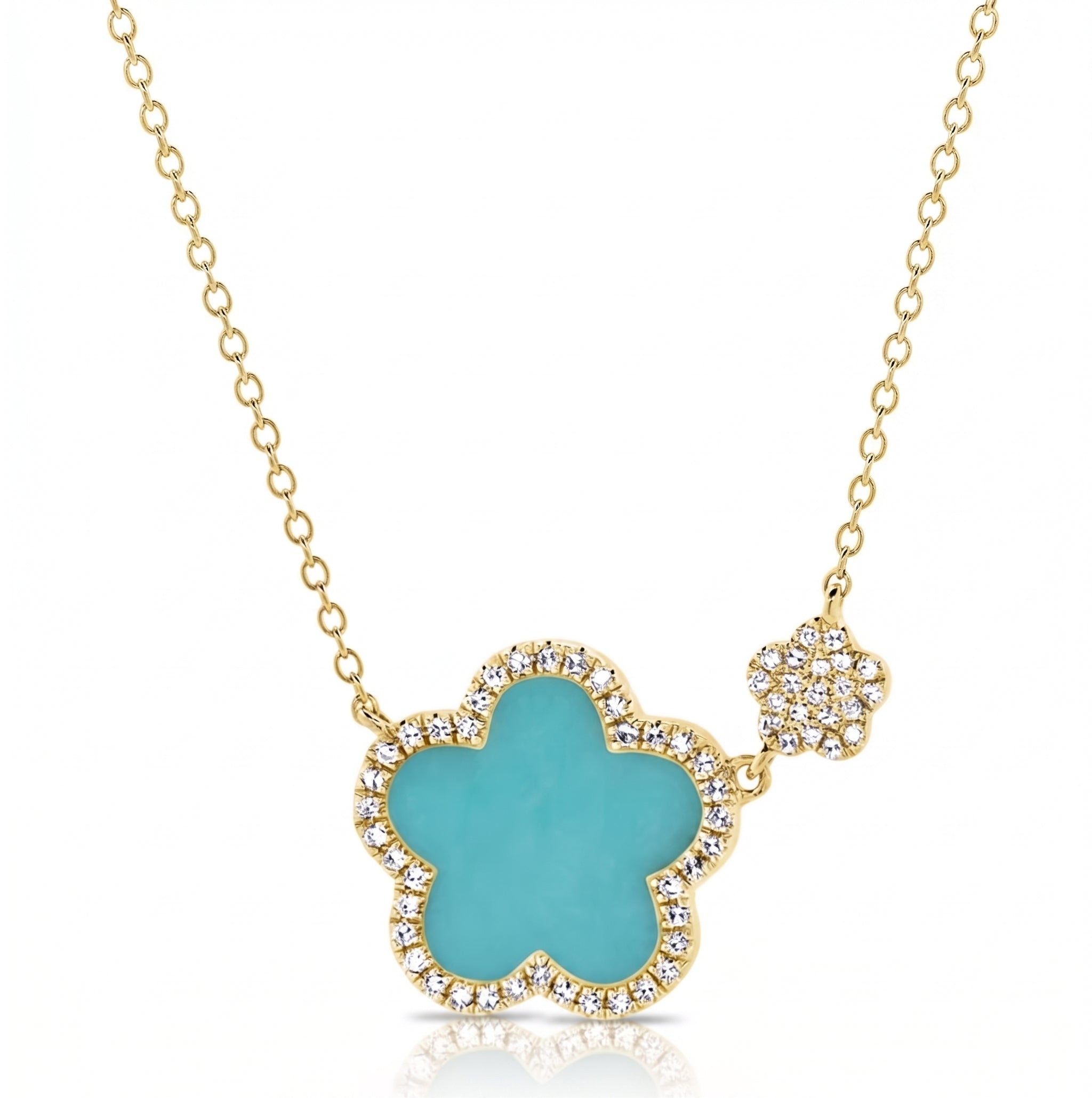 Diamond floral turquoise necklace in yellow gold 