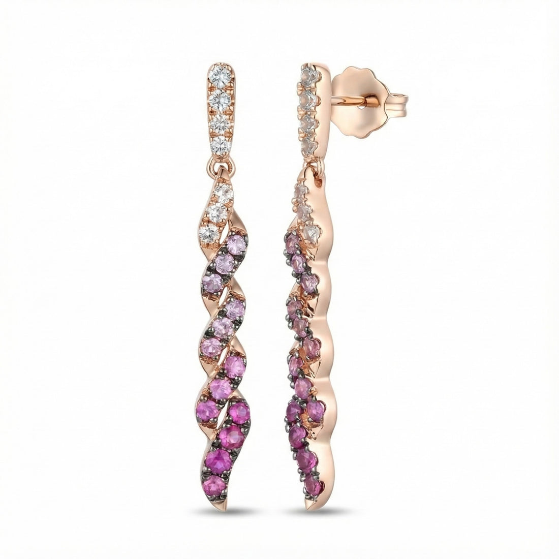 Pink & White Sapphire Swirl Drop Earrings | 14K Rose Gold | Diamond Accents - Brownee Jewelers