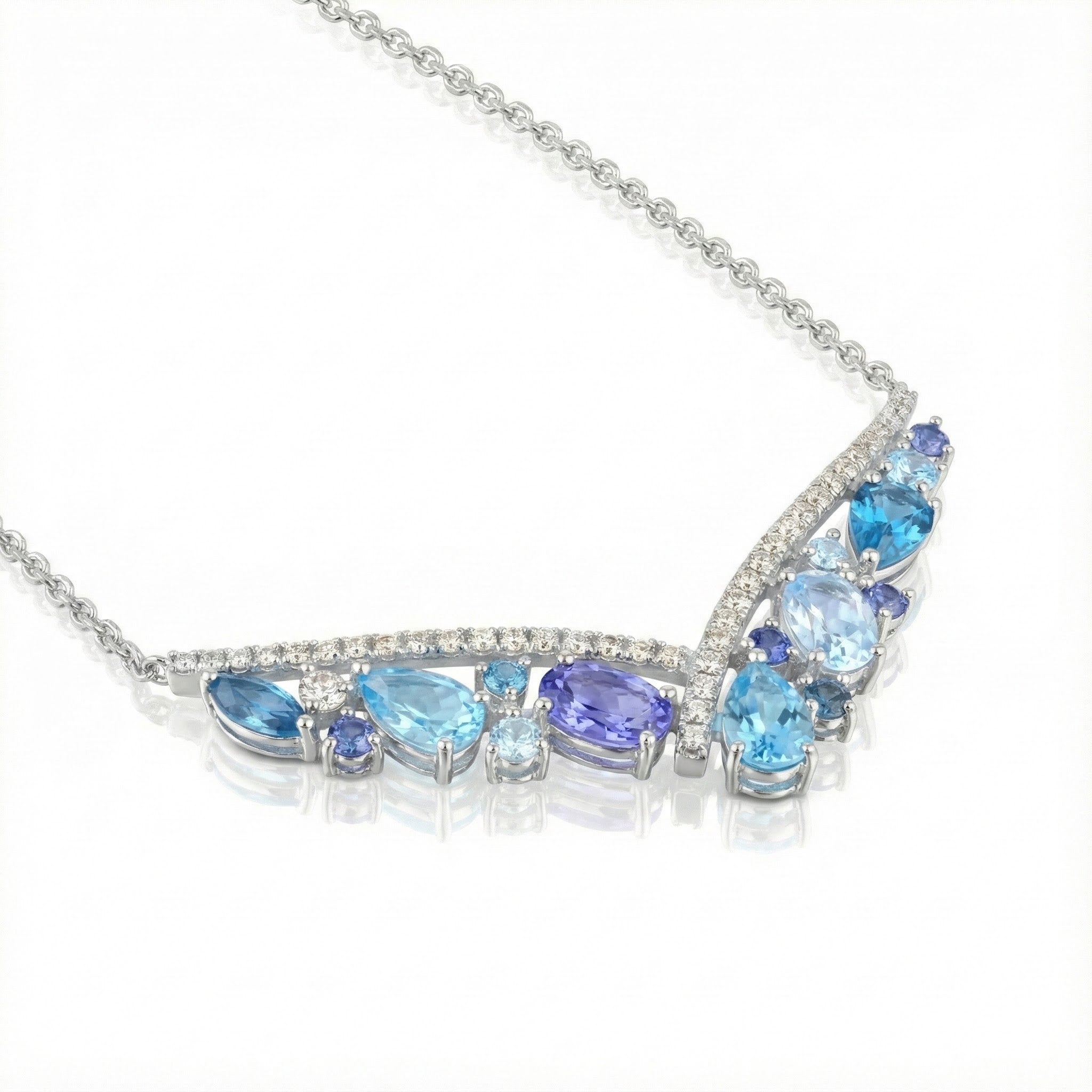 Multi-Gemstone V Necklace | 14K White Gold | Diamond & Blue Topaz, Tanzanite, Sapphire | 2.78 ctw - Brownee Jewelers