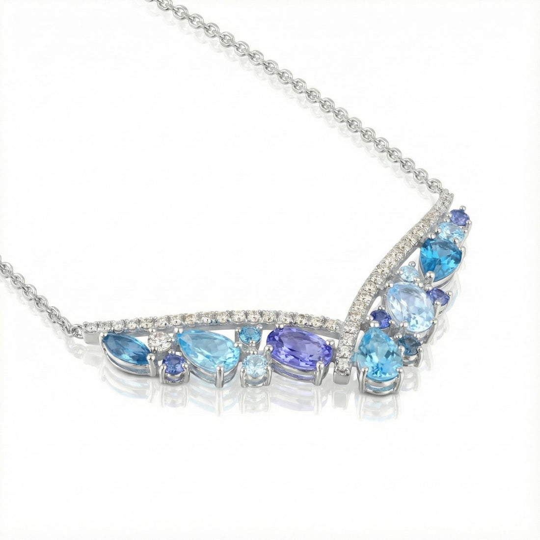Multi-Gemstone V Necklace | 14K White Gold | Diamond & Blue Topaz, Tanzanite, Sapphire | 2.78 ctw - Brownee Jewelers