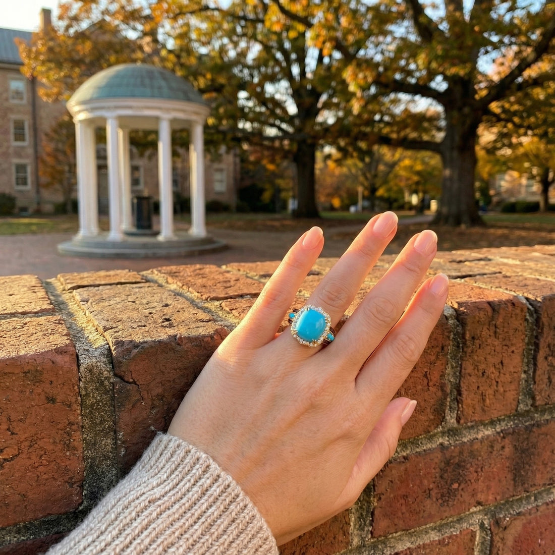 Turquoise & Diamond Halo Ring | 14K Yellow Gold | 4.72 ct Turquoise & 0.47 ctw Diamonds | Statement Ring - Brownee Jewelers