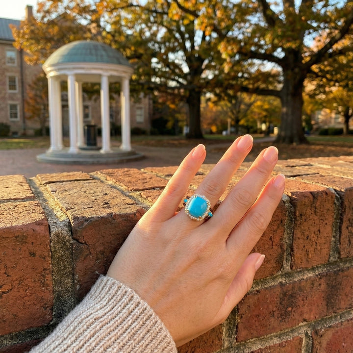 Turquoise & Diamond Halo Ring | 14K Yellow Gold | 4.72 ct Turquoise & 0.47 ctw Diamonds | Statement Ring - Brownee Jewelers
