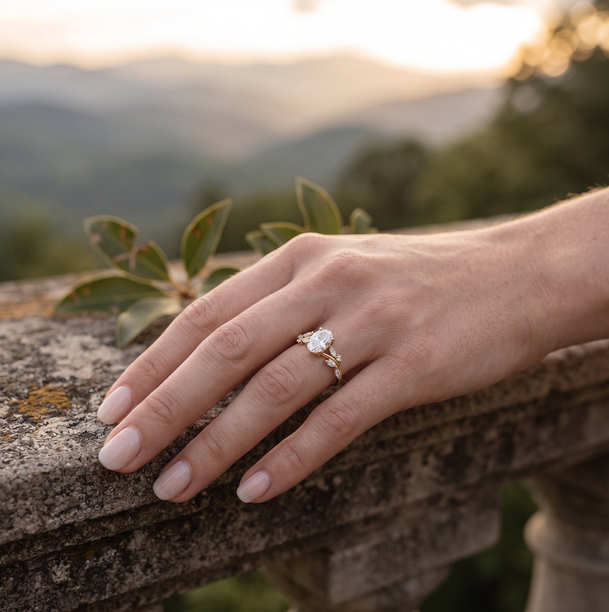 1 Carat Oval Lab-Grown Diamond Engagement Ring in 10K Yellow Gold with 1.25 Total Carat Weight Round and Marquise Diamond Accents