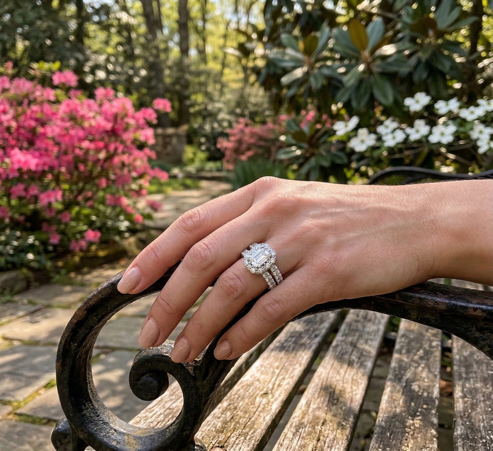Emerald Cut Lab-Grown Diamond Halo Bridal Ring Set | 14K White Gold | Engagement Ring Set | Double Pavé Bands - Brownee Jewelers