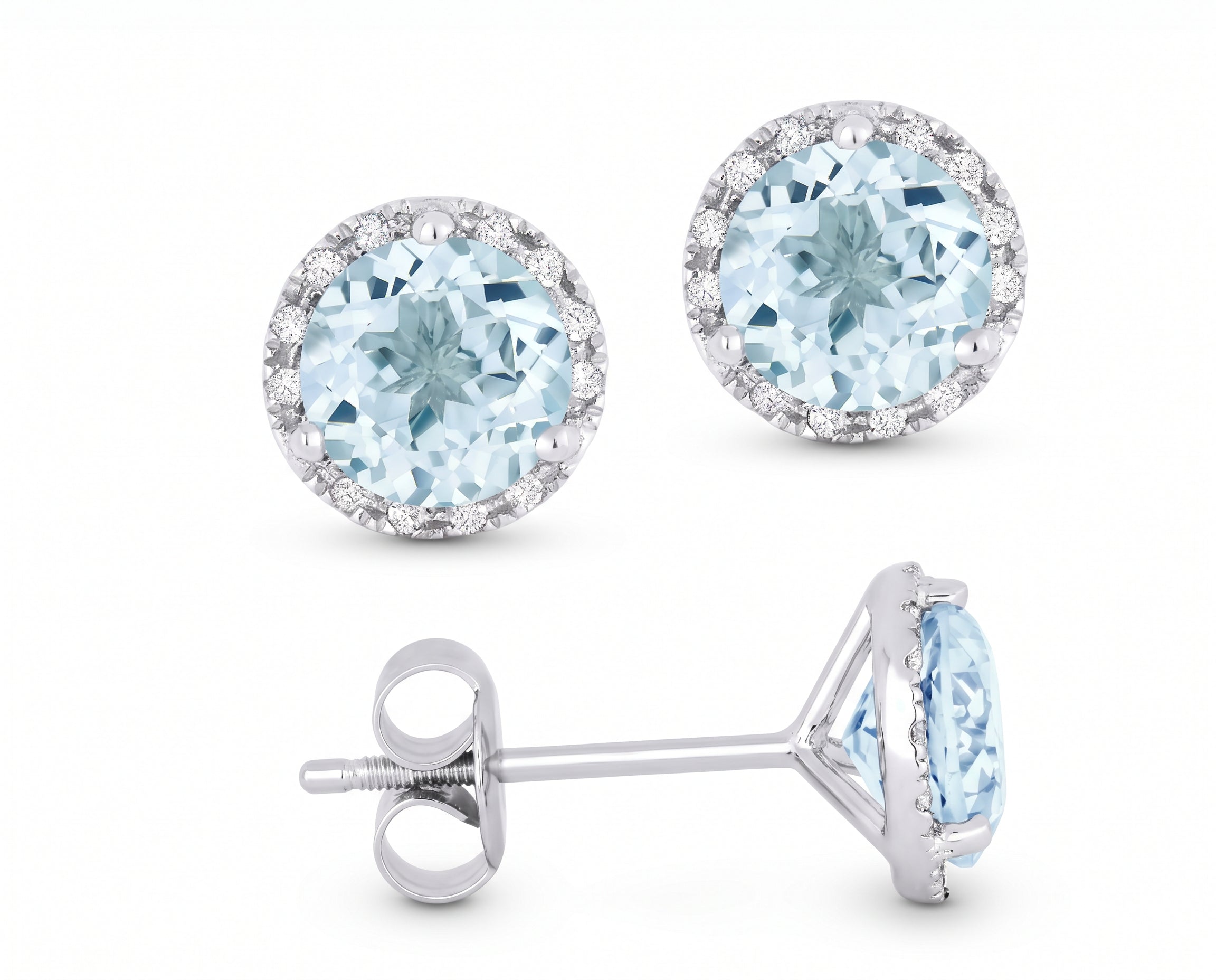 14KT WHITE GOLD AQUAMARINE DIAMOND HALO STUD EARRINGS 