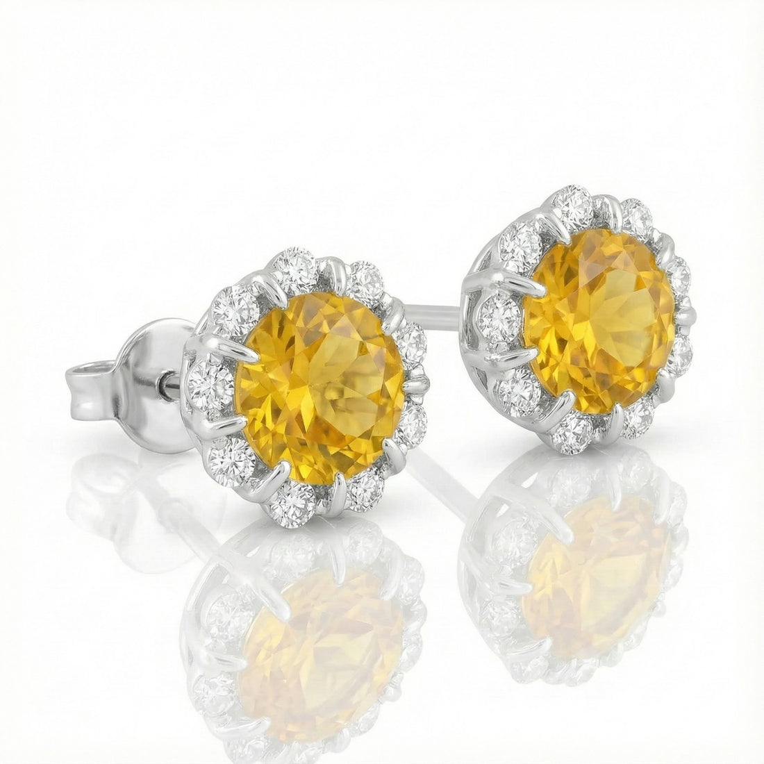 Madison L | Citrine & Diamond Halo Stud Earrings | 14K White Gold | Round Yellow Gemstone Earrings - Brownee Jewelers