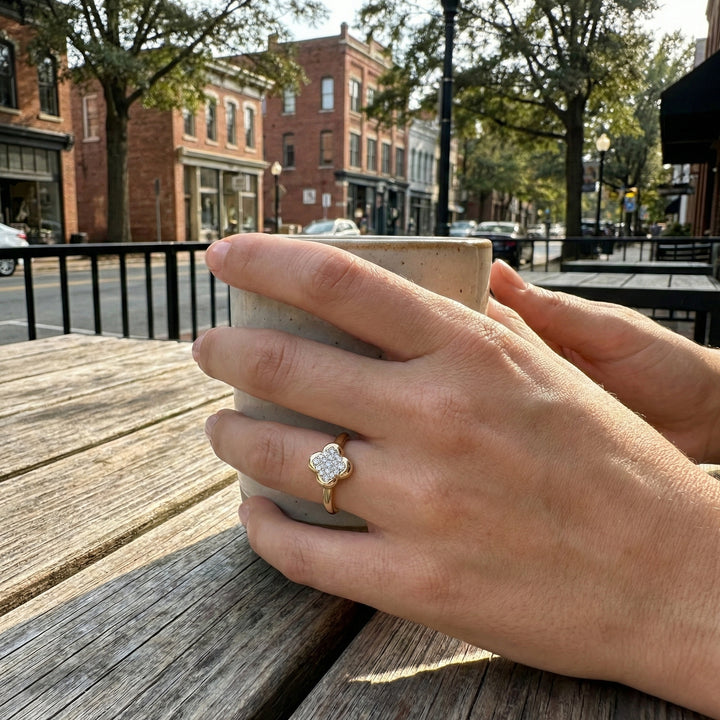 Diamond Clover Ring | 14K Yellow Gold | Pavé Diamonds | Floral Motif Band - Brownee Jewelers