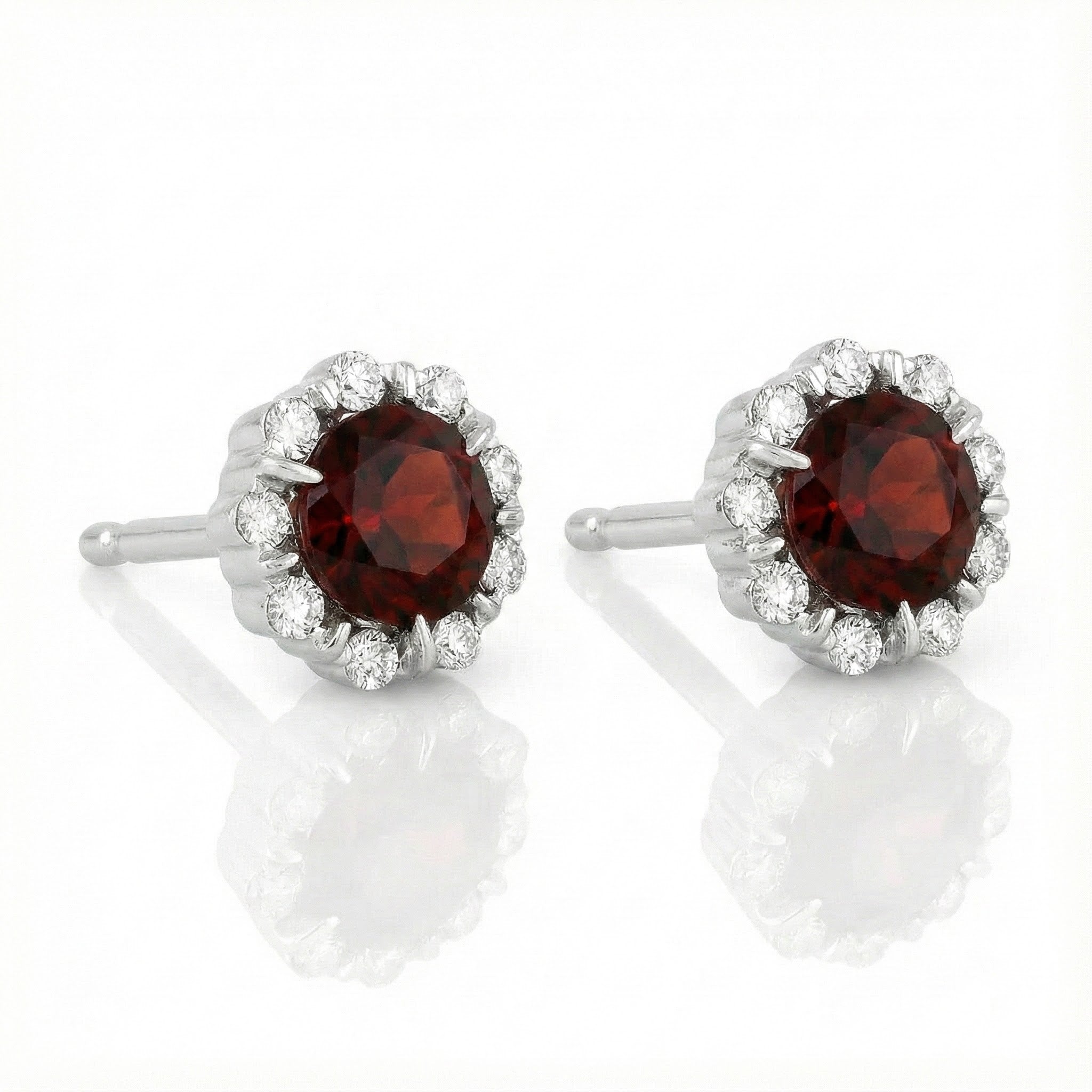 Madison L | Garnet & Diamond Halo Stud Earrings | 14K White Gold | Round Garnet | Diamond Accents - Brownee Jewelers