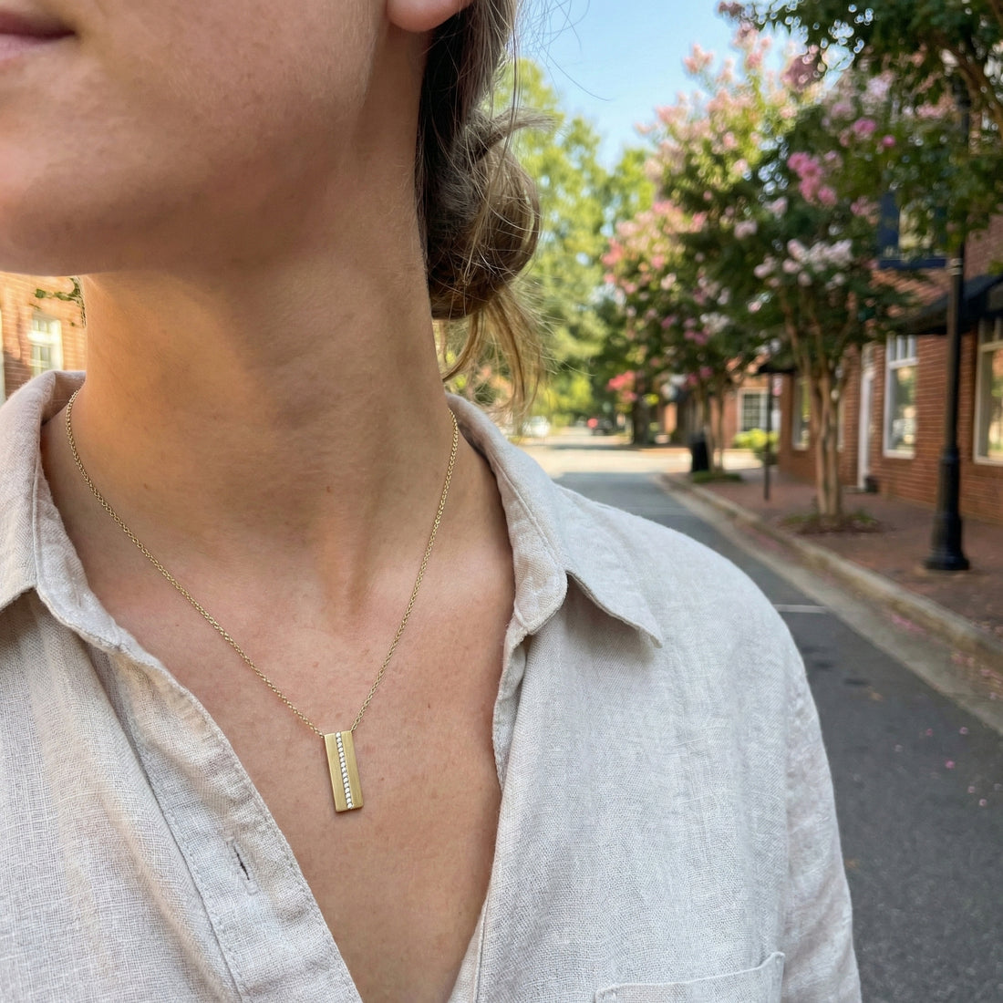 Diamond Matte Bar Necklace | 14K Yellow Gold | 0.06 ctw | Modern Vertical Pendant Necklace - Brownee Jewelers