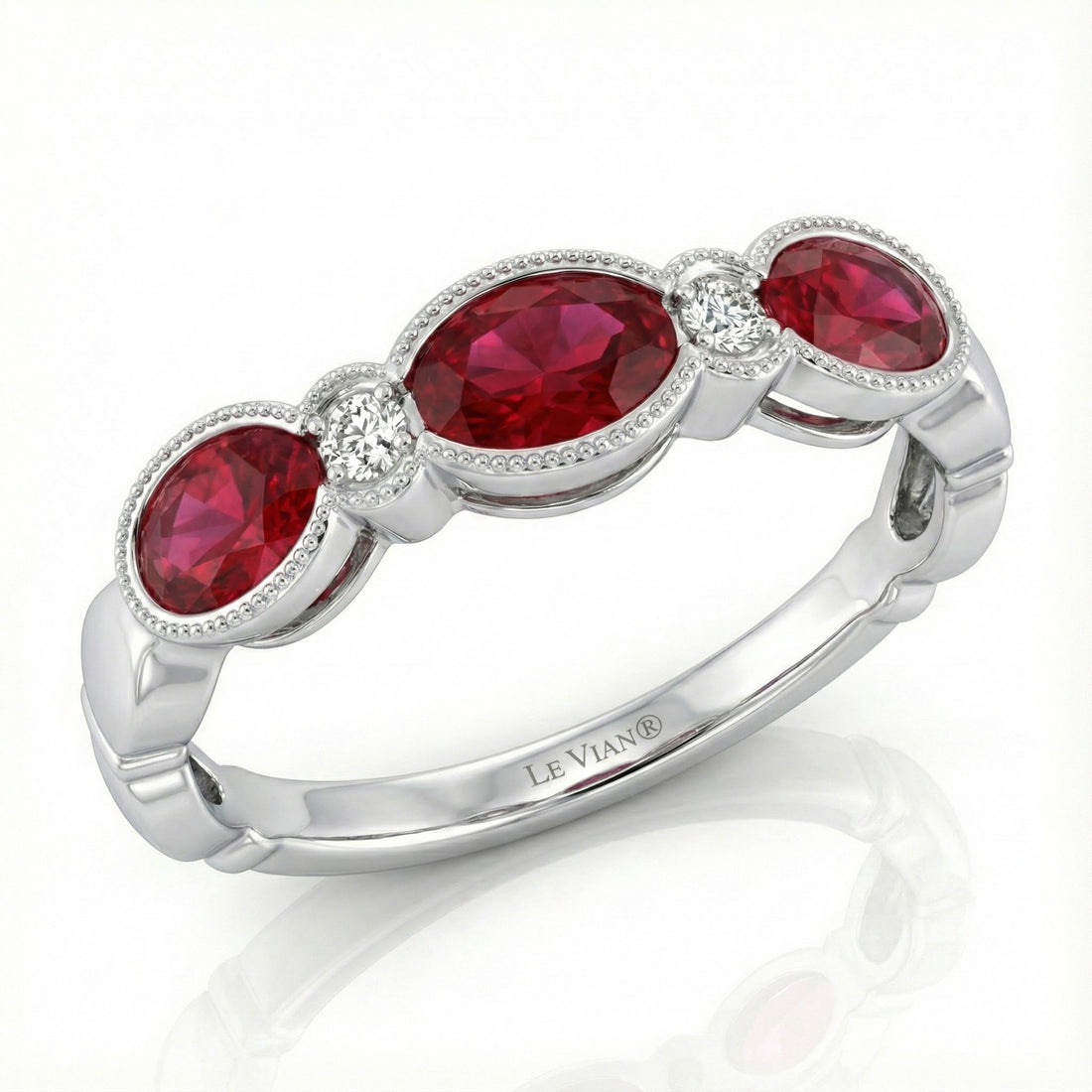 Ruby & Diamond Three-Stone Ring | 14K White Gold | 0.70 ct Ruby | 0.06 ctw Diamond - Brownee Jewelers