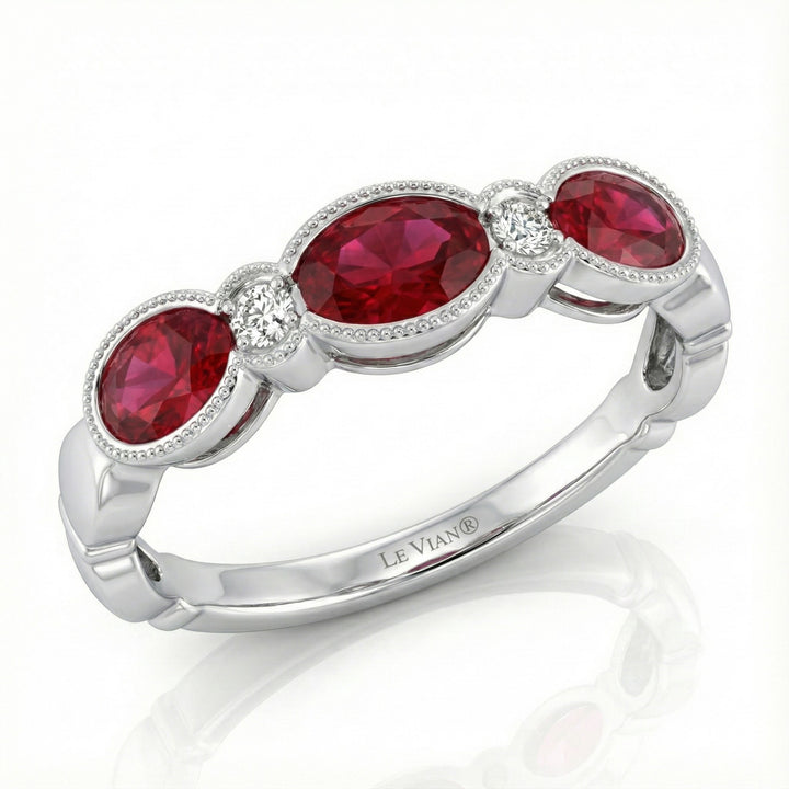 Ruby & Diamond Three-Stone Ring | 14K White Gold | 0.70 ct Ruby | 0.06 ctw Diamond - Brownee Jewelers