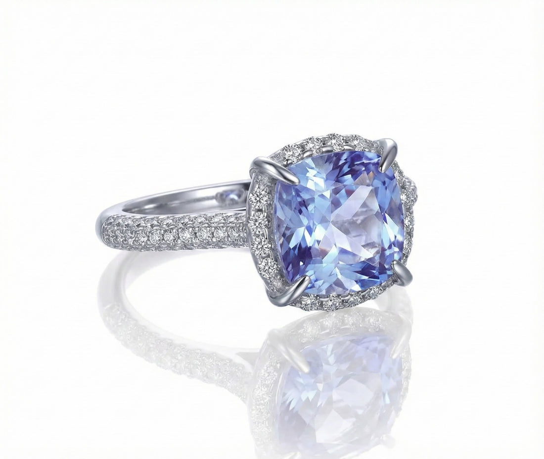 Square Synthetic Aquamarine Halo Ring | Sterling Silver | CZ Accents | Size 7 - Brownee Jewelers