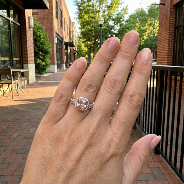 Madison L | Lab-Grown Morganite & Diamond Halo Ring | Cushion Cut | 14K Rose & White Gold | Split Shank Design - Brownee Jewelers