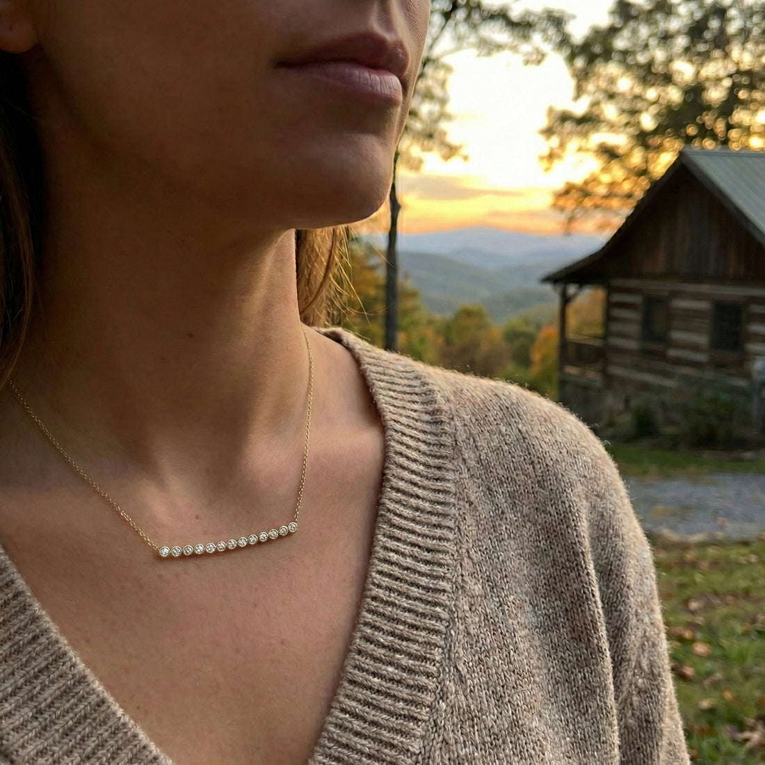 Bezel-Set Diamond Bar Necklace | 14K Yellow Gold | Round Diamonds | Station Pendant - Brownee Jewelers