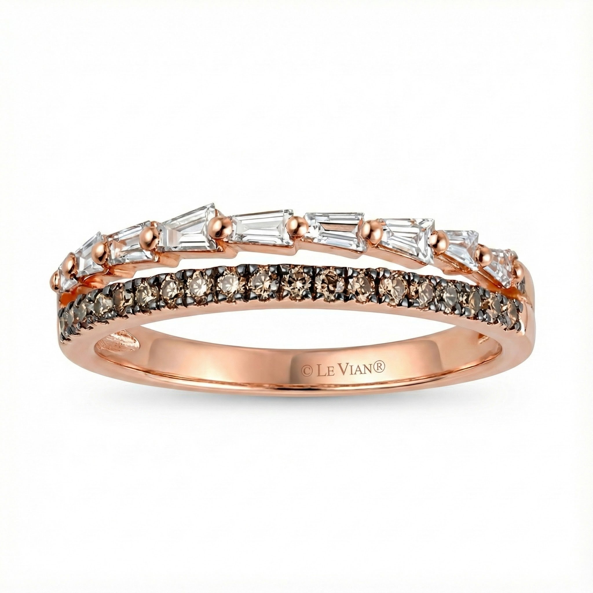 Round & Baguette Diamond Band | 14K Rose Gold | Chocolate & White Diamond Ring - Brownee Jewelers
