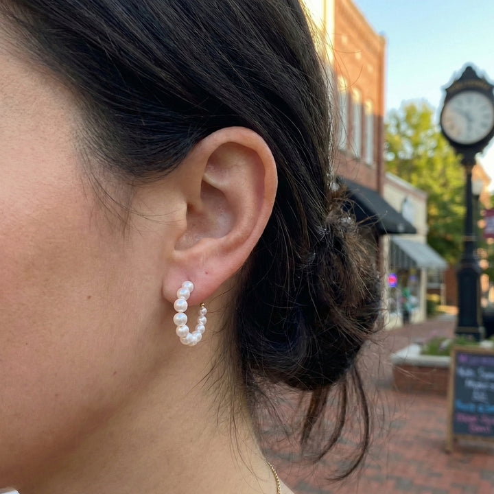 Cultured Pearl Hoop Earrings | 14K Yellow Gold | Classic Beaded Pearl Hoops - Brownee Jewelers