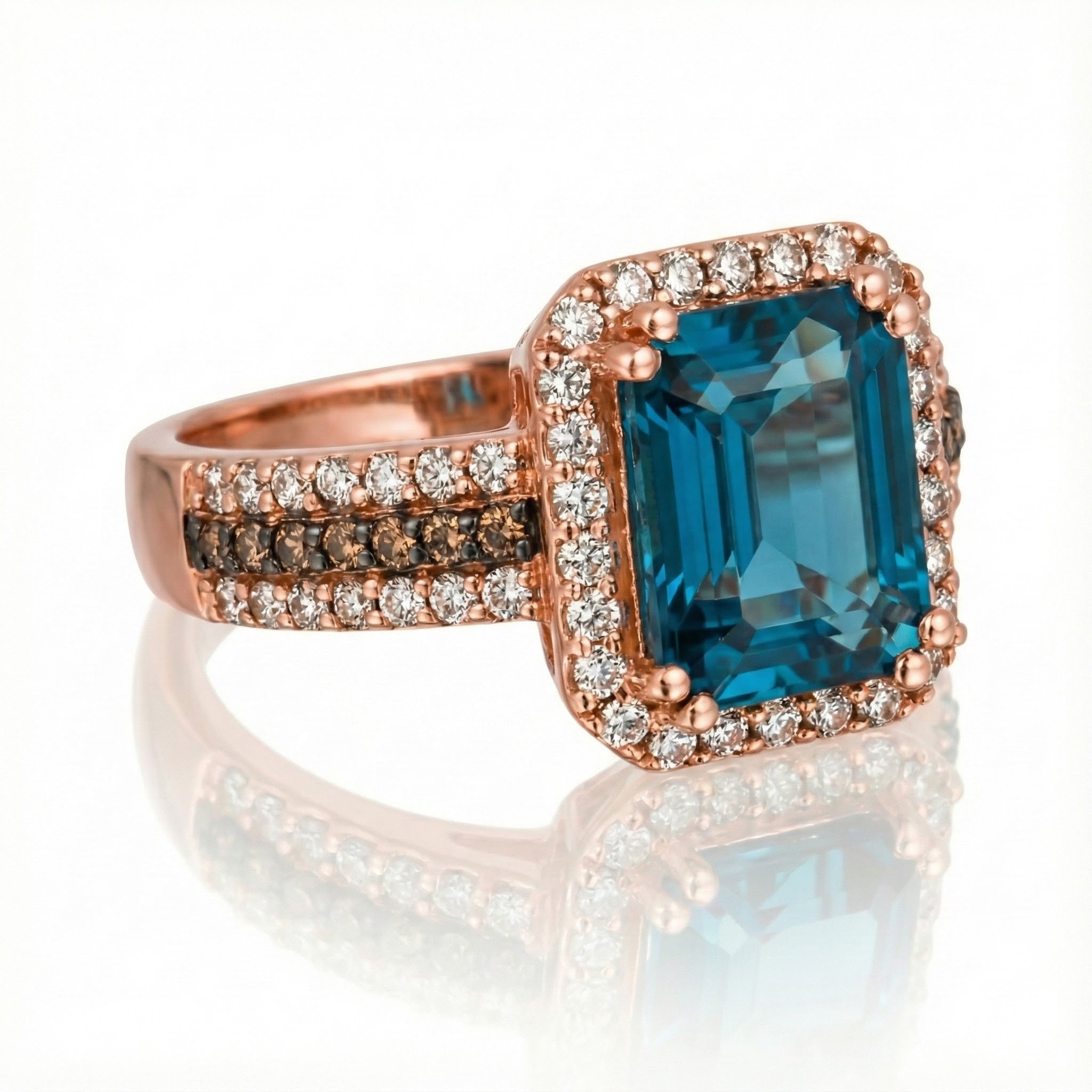 Blue Topaz & Diamond Halo Ring | 14K Rose Gold | Emerald-Cut Center | Split Shank - Brownee Jewelers