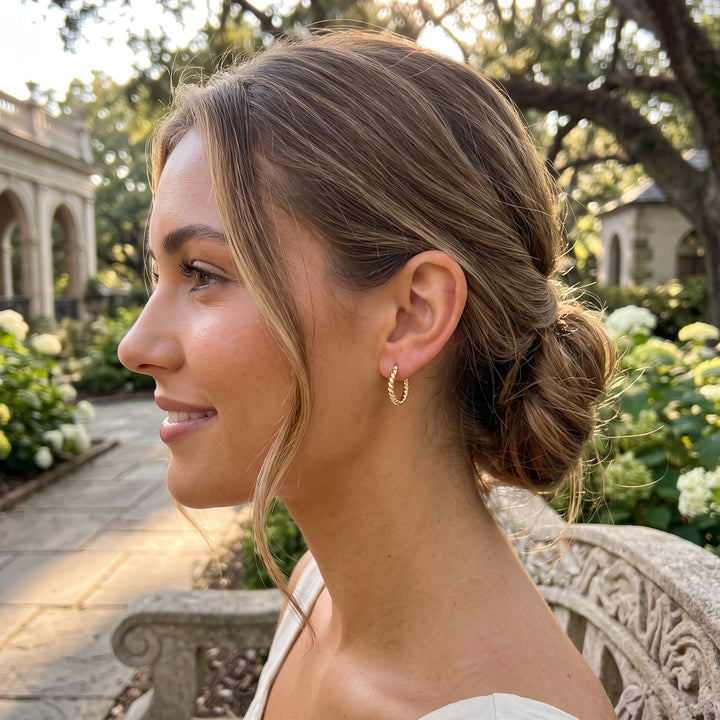 Twisted Round Hoop Earrings | 14K Yellow Gold | Hinged Clasp | E17089 - Brownee Jewelers