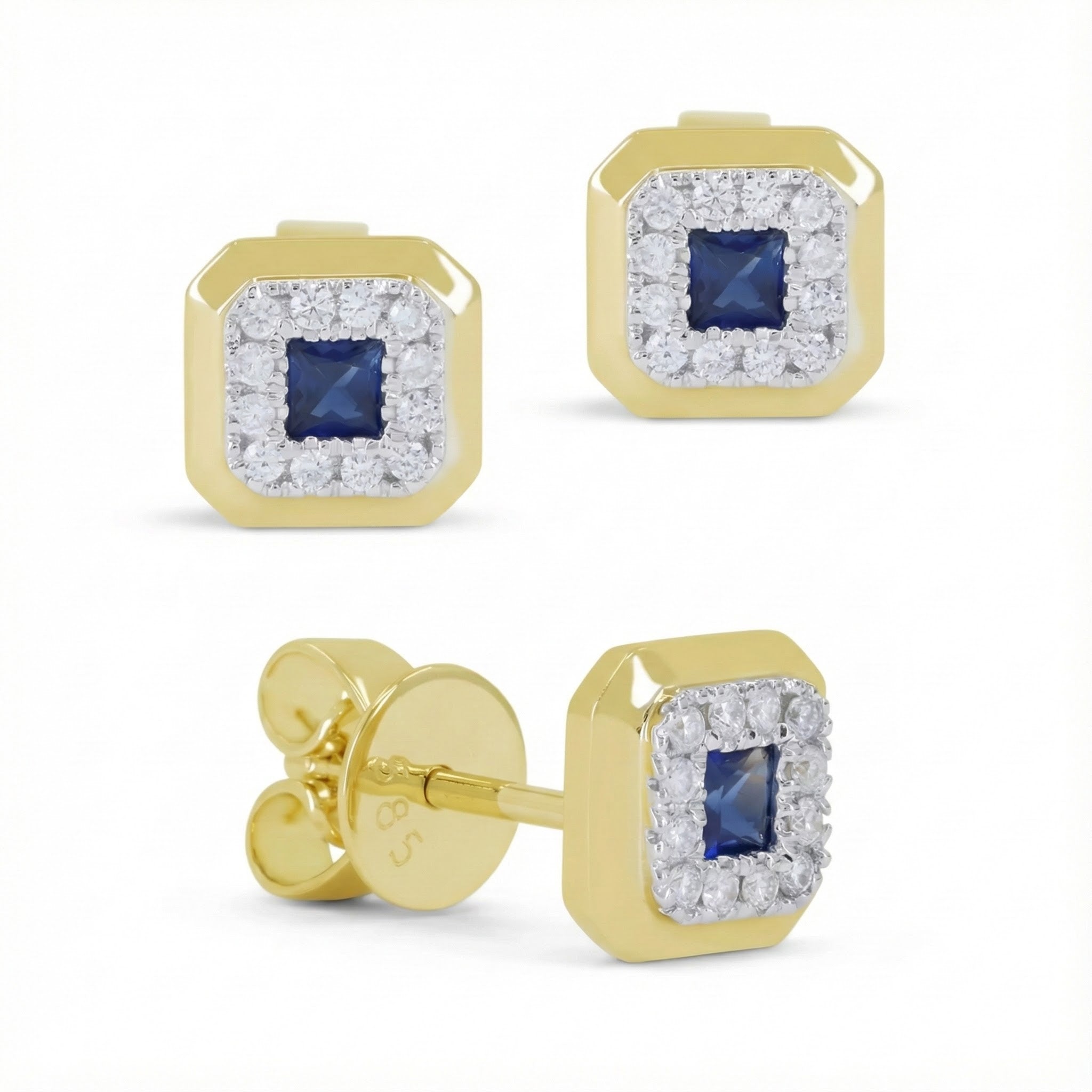 Madison L | Square Sapphire Diamond Halo Stud Earrings | 14K Yellow Gold | Blue Sapphire & Diamond Earrings - Brownee Jewelers