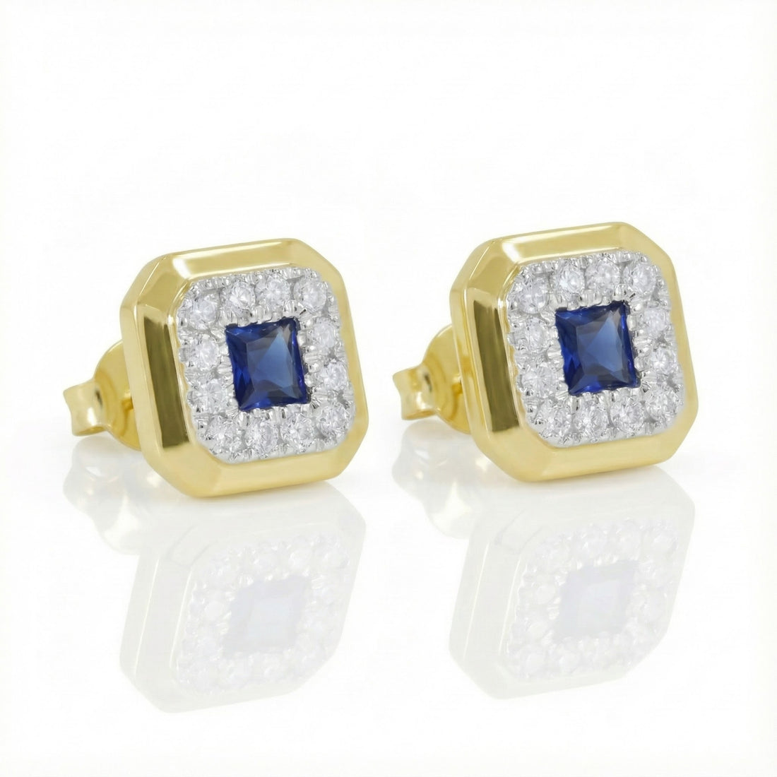 Madison L | Square Sapphire Diamond Halo Stud Earrings | 14K Yellow Gold | Blue Sapphire & Diamond Earrings - Brownee Jewelers