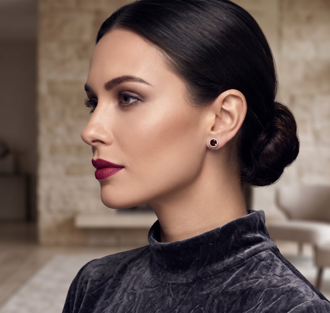 GARNET HALO STUD EARRINGS IN 14KT WHITE GOLD 