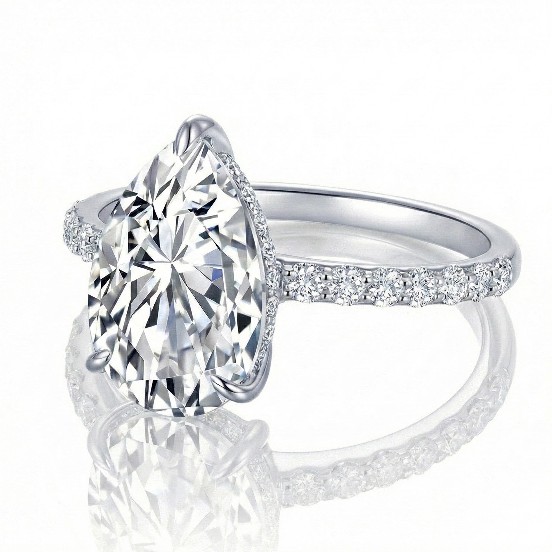 Pear-Shaped CZ Solitaire Ring | Sterling Silver | Pavé Band - Brownee Jewelers