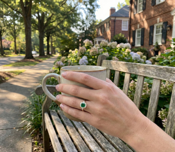 Cushion Emerald & Lab-Grown Diamond Halo Ring | 10K Yellow Gold | 1.90 ctw | Halo Ring - Brownee Jewelers