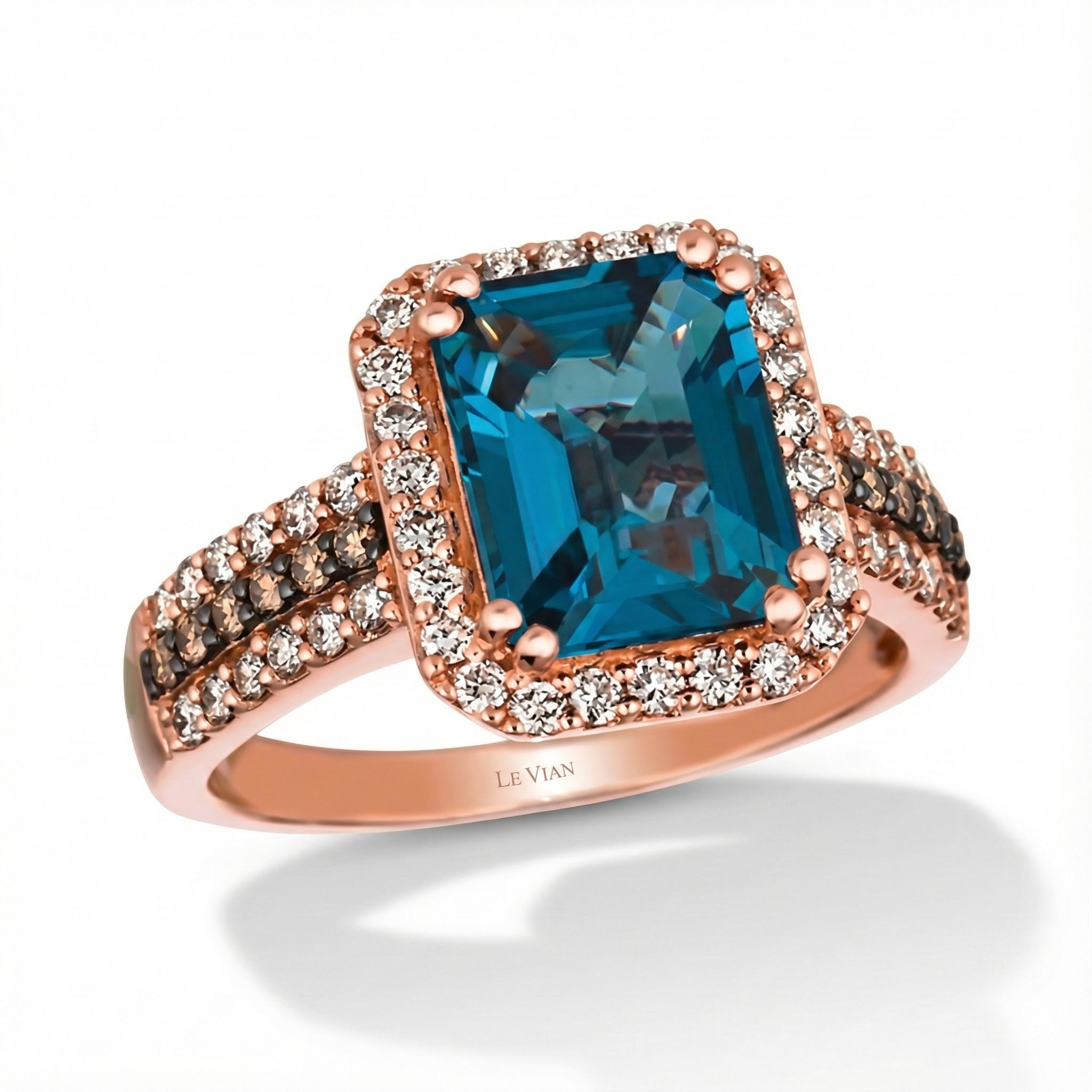 Blue Topaz & Diamond Halo Ring | 14K Rose Gold | Emerald-Cut Center | Split Shank - Brownee Jewelers