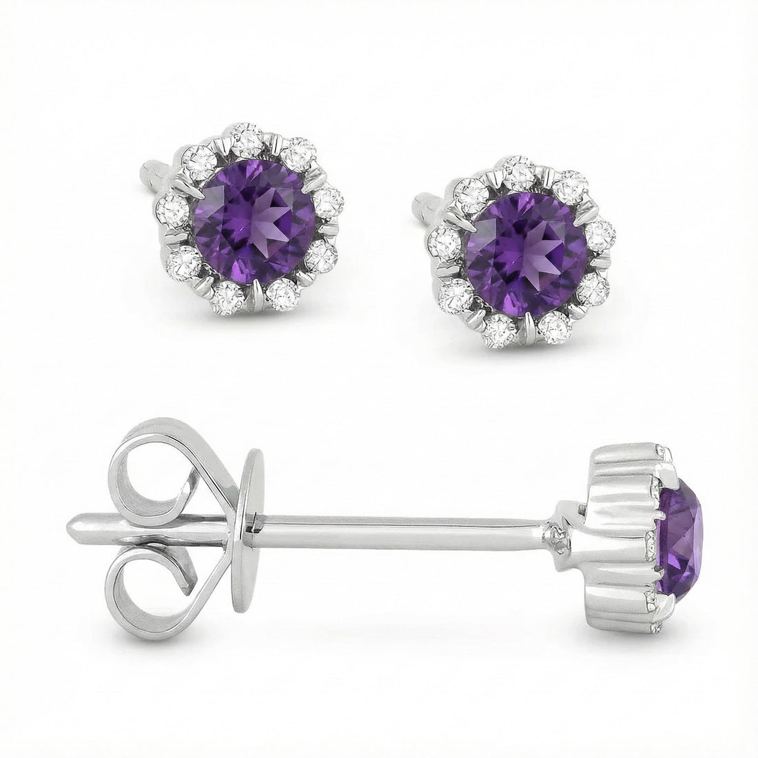 Madison L | Created Alexandrite & Diamond Halo Stud Earrings | 14K White Gold | Round Alexandrite | Diamond Accents - Brownee Jewelers
