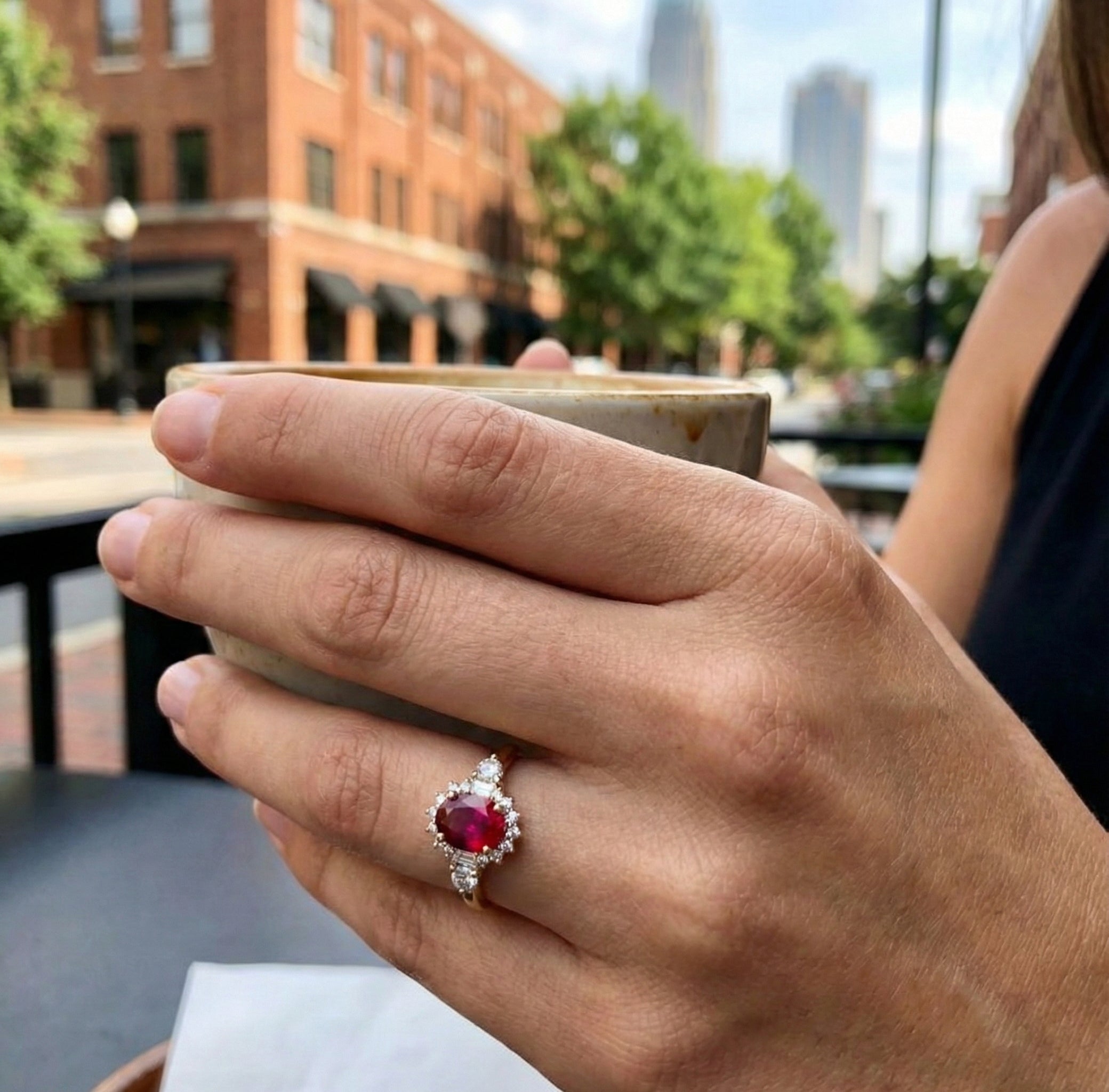 Oval Ruby & Lab-Grown Diamond Halo Ring | 1.65 ct Ruby | 0.40 ctw Diamonds | 10K Yellow Gold - Brownee Jewelers