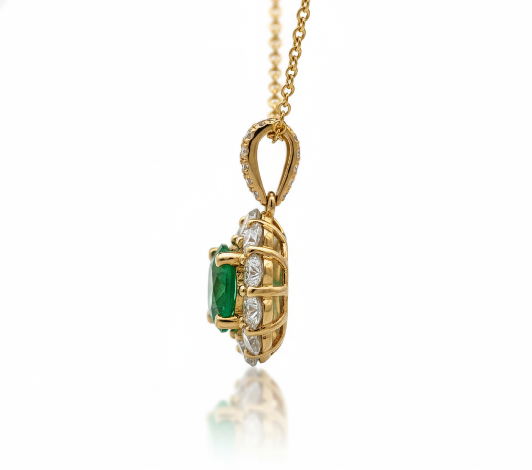 18K Yellow Gold .69ct Emerald & .64ct Diamond Halo Pendant
