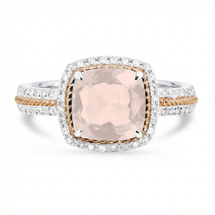 Madison L | Lab-Grown Morganite & Diamond Halo Ring | Cushion Cut | 14K Rose & White Gold | Split Shank Design - Brownee Jewelers