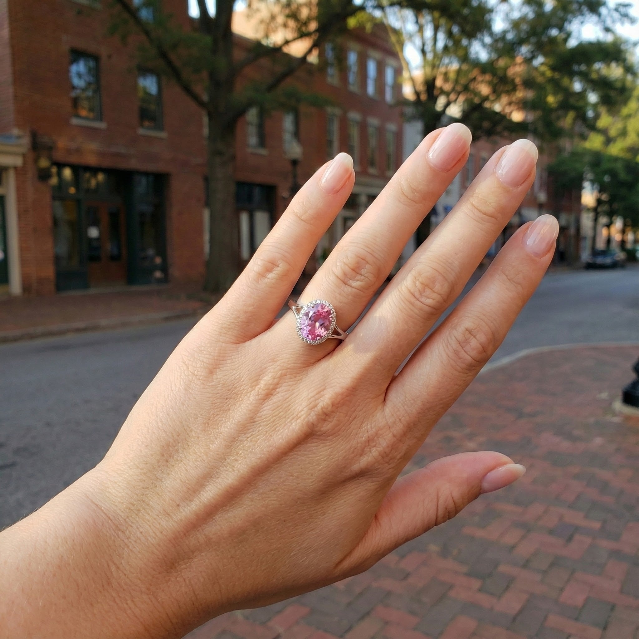 Madison L | Oval Created Pink Sapphire & Diamond Halo Ring | 14K White Gold | Halo Gemstone Ring - Brownee Jewelers