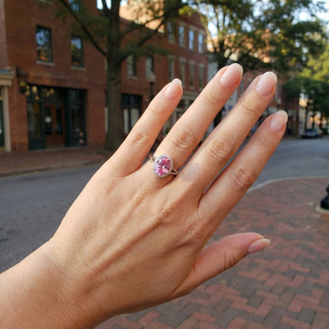 Madison L | Oval Created Pink Sapphire & Diamond Halo Ring | 14K White Gold | Halo Gemstone Ring - Brownee Jewelers