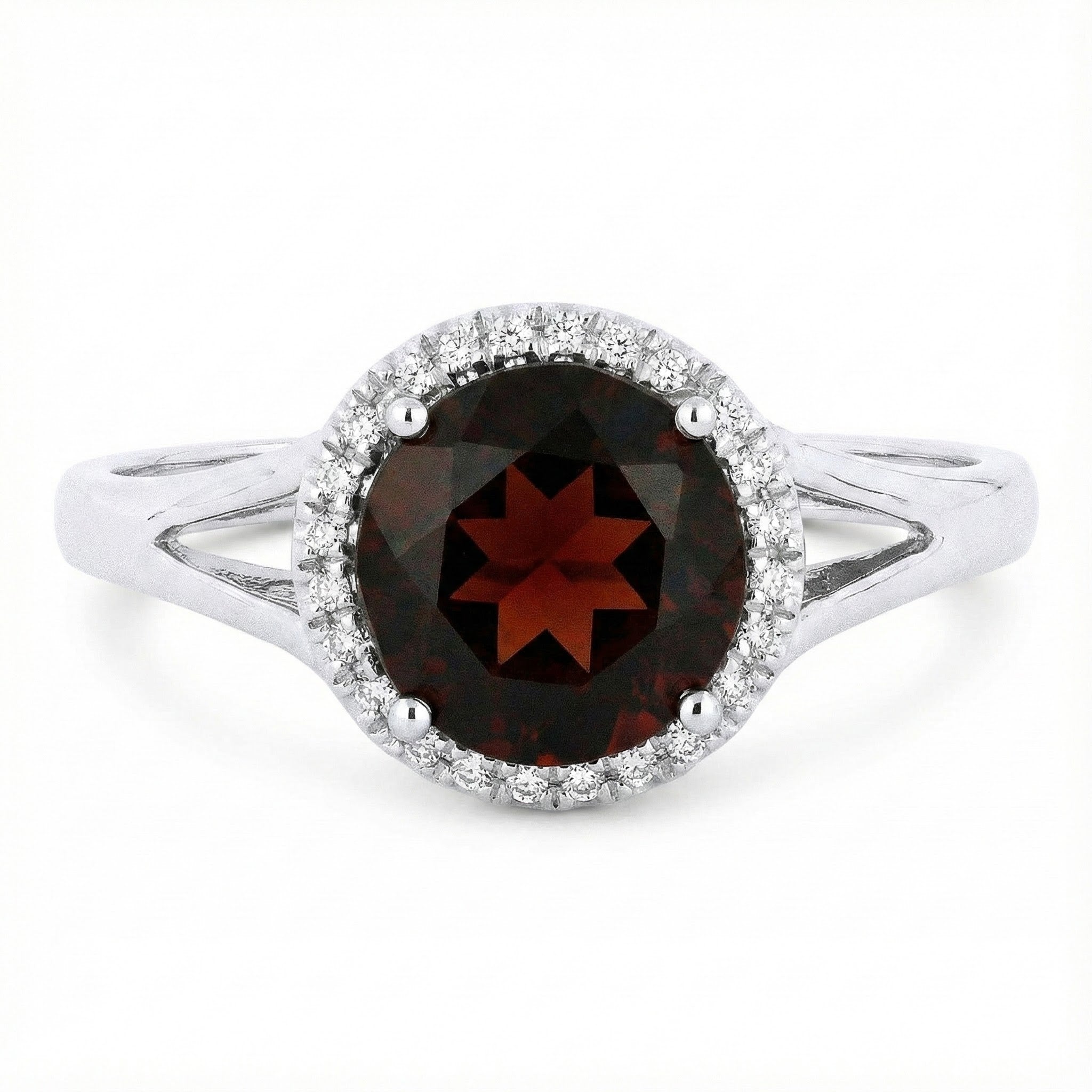 Madison L | Round Garnet & Diamond Halo Ring | 14K White Gold | Split Shank Gemstone Ring - Brownee Jewelers