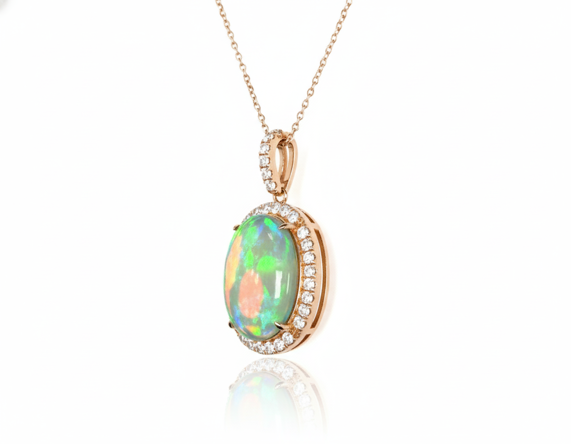 14K Yellow Gold 7.12ct Opal & .43ct Diamond Halo Pendant